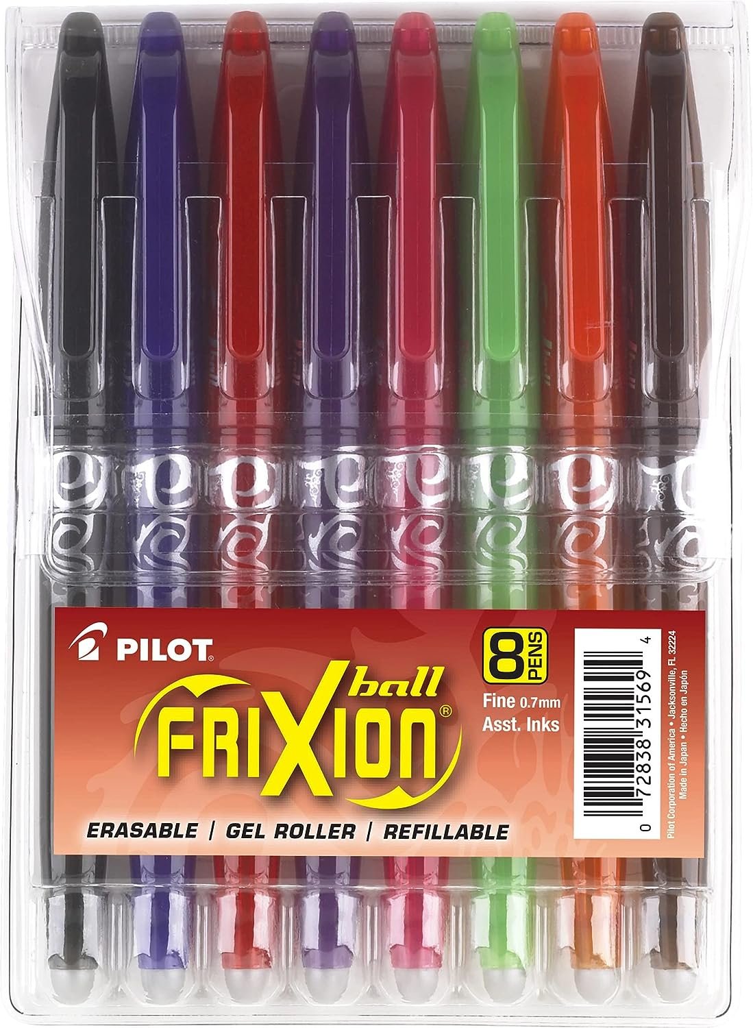 Pilot, FriXion Ball Erasable & Refillable Gel Ink Pens, Fine Point 0.7 mm, Pack of 8, Assorted Colors