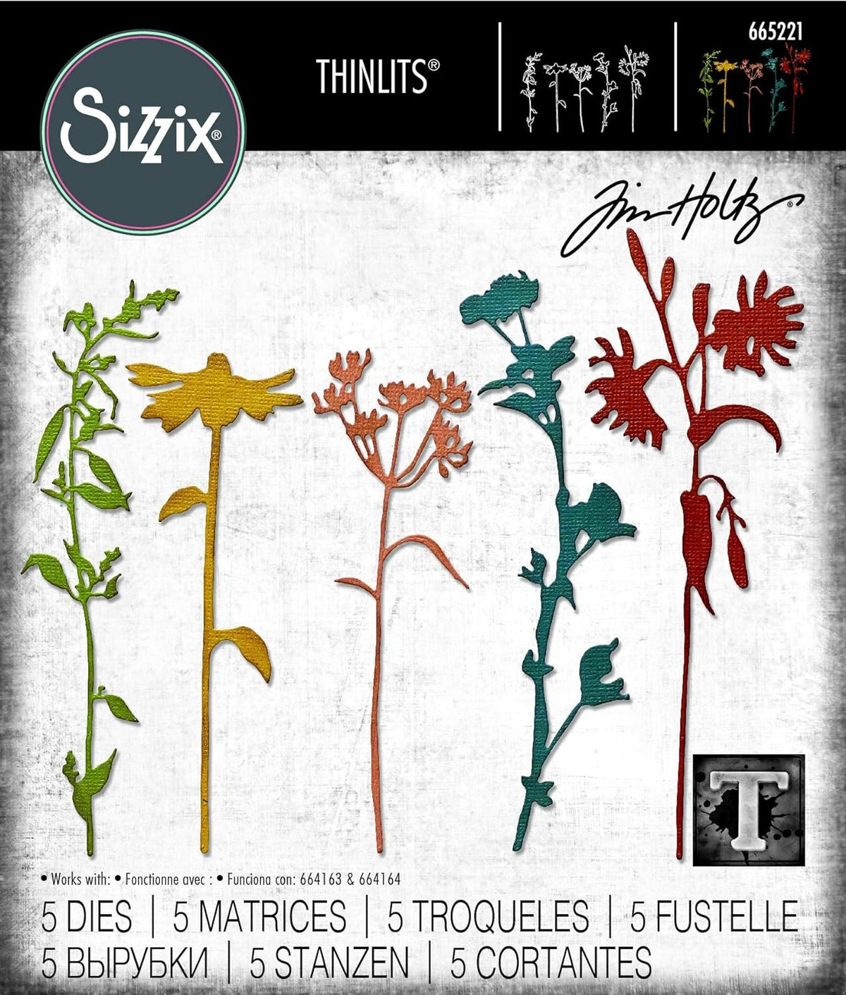 Sizzix Thinlits Die 665221 Wildflower Stems #3 by Tim Holtz 5 Pack, Multicolor