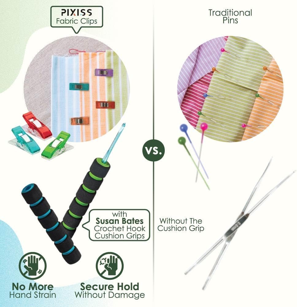 Susan Bates Cushion Crochet Hook Grips and Pixiss Fabric Clips (20) - Soft Ergonomic Crochet Hook Grip Set for Reducing Hand Strain and Crafters or Crochet Artists with Arthritis