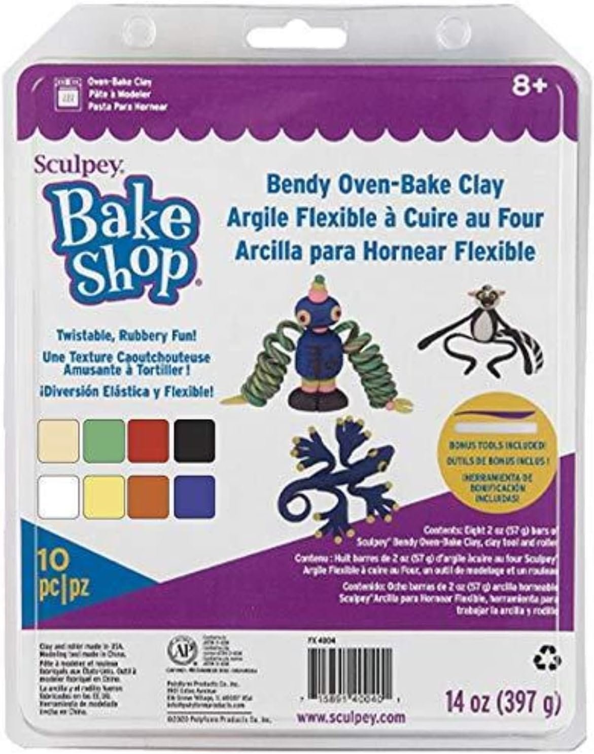Sculpey Bake Shop Bendy Polymer Oven Bake Clay, 8 unique color set, pieces become rubbery and super flexible after baking, 2 modeling tools, made for creating holiday, figurines and school projects.