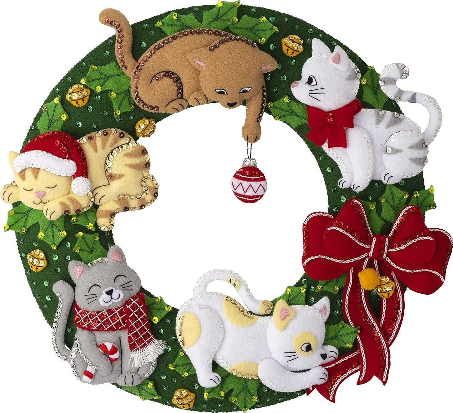 Bucilla Felt Applique Wreath Kit, Holiday Housecats, Perfect for DIY Arts and Crafts, 89490E