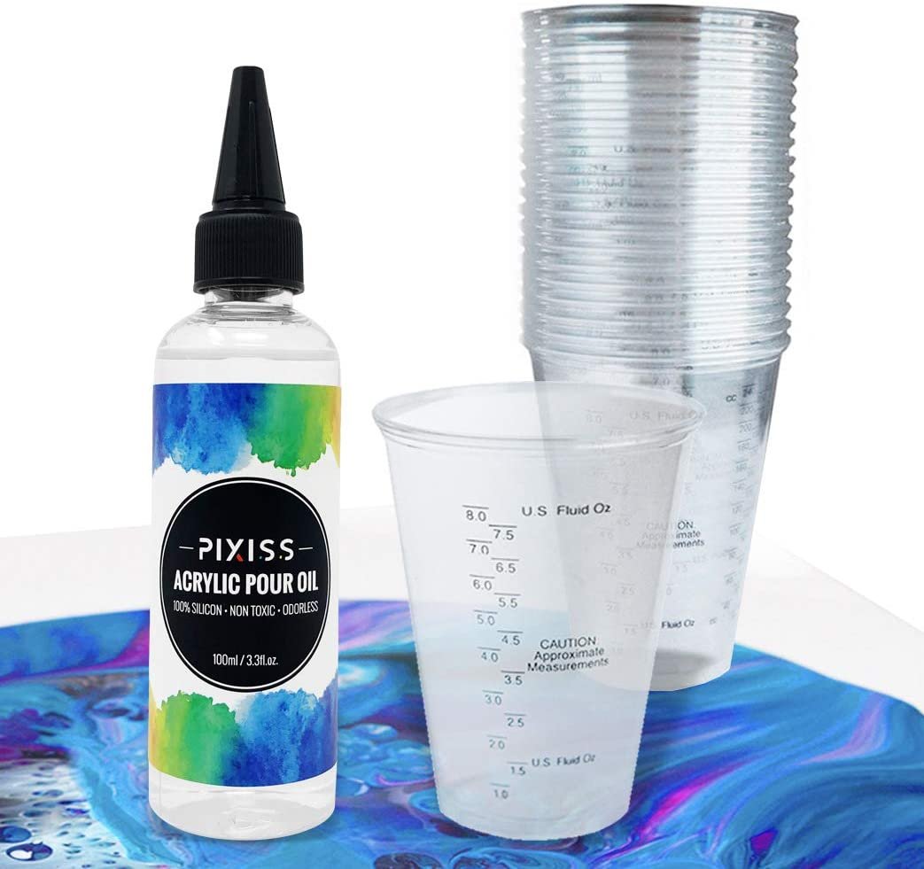 Liquitex Professional Pouring Effects Medium, Pixiss Acrylic Pouring Silicone Oil, Clear Plastic Cups, Paint Mixing Sticks Pouring Supplies