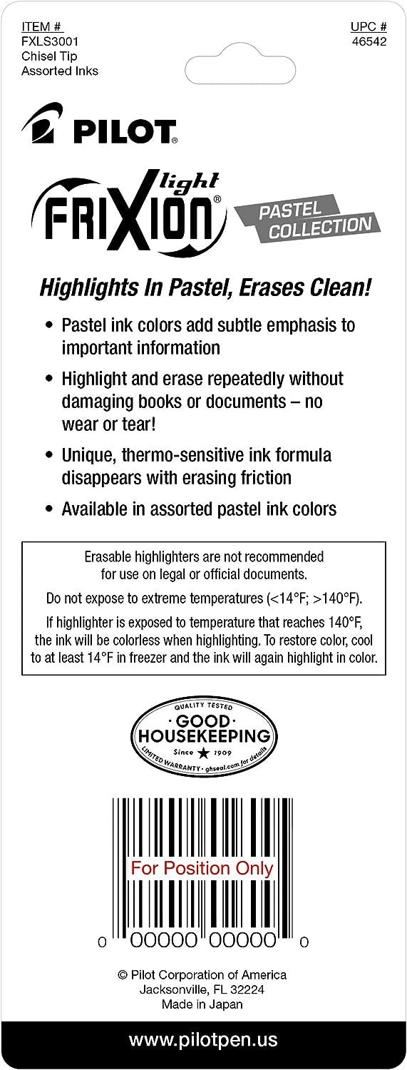 Pilot, FriXion Light Pastel Erasable Highlighters, Chisel Tip, Pack of 3, Pastel Yellow, Green & Purple