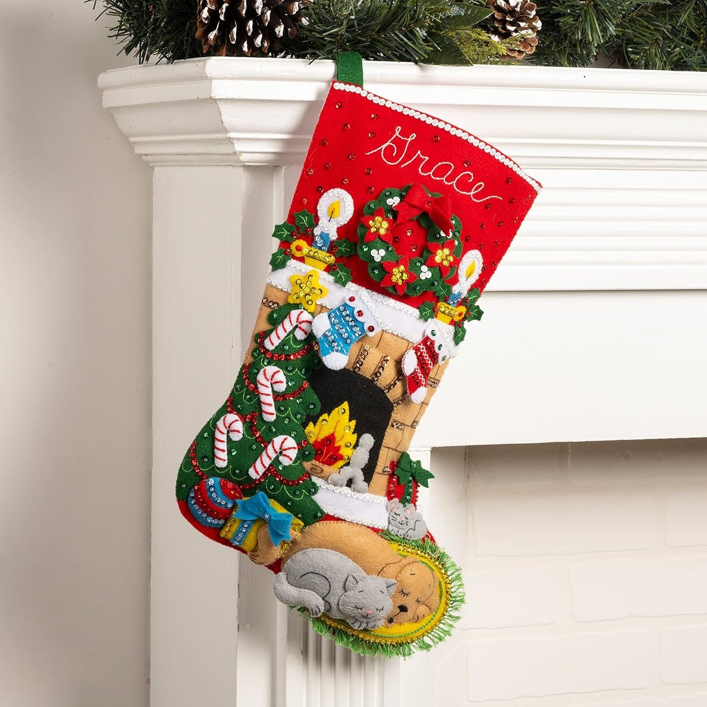 Bucilla Felt Applique 18" Stocking Making Kit, Holiday Hearth, Perfect for DIY Arts and Crafts, 89486E