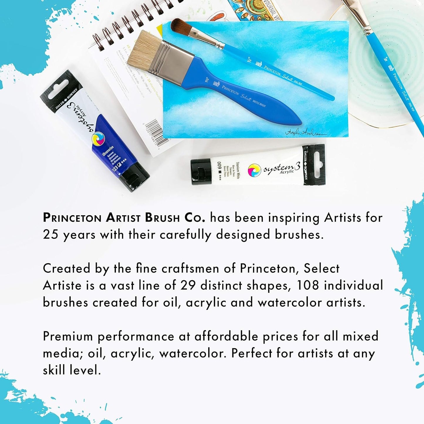 Princeton Art & Brush Princeton Select Artiste, Series 3750, Paint Brush for Acrylic, Watercolor and Oil, Angle Shader, 1/2 Inch
