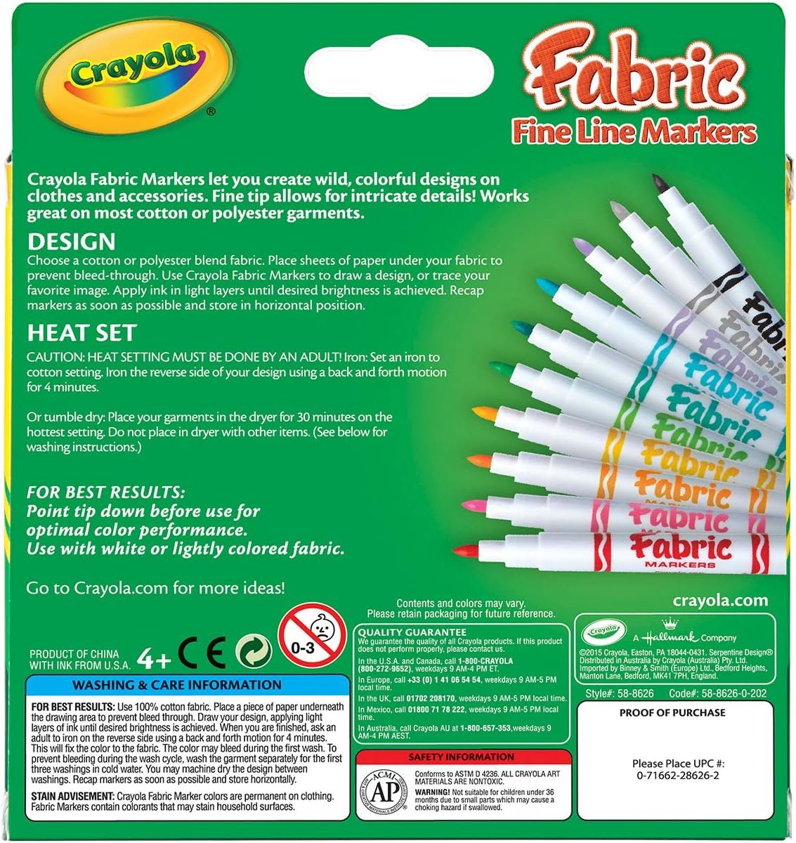 Crayola Fabric Markers, At Home Crafts for Kids, Fine Tip, Assorted Colors, Set of 10