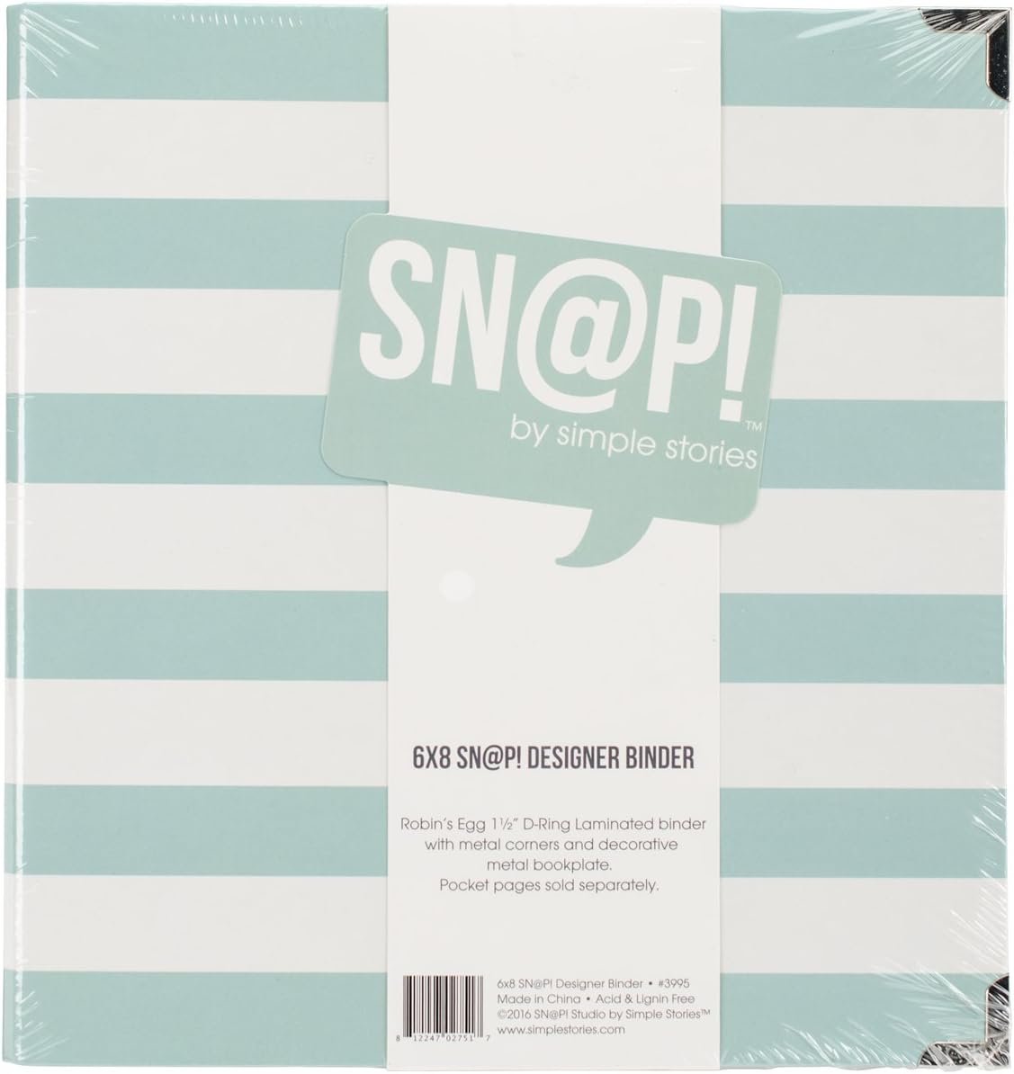 Simple Stories Snatp! Robins Egg Striped Designer Binder, 6" x 8",Blue