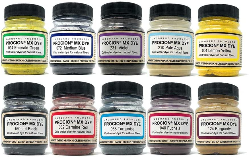 10x Jacquard Procion MX Bundle Fiber Reactive Dye, Jacquard Soda Ash 1-Pound,3 Pairs of Pixiss Latex Gloves, 1-Ounce Assorted Sizes Rubber Bands, 4X 8-Ounce Squeeze Bottles, 6 Craft Spoons Scoops