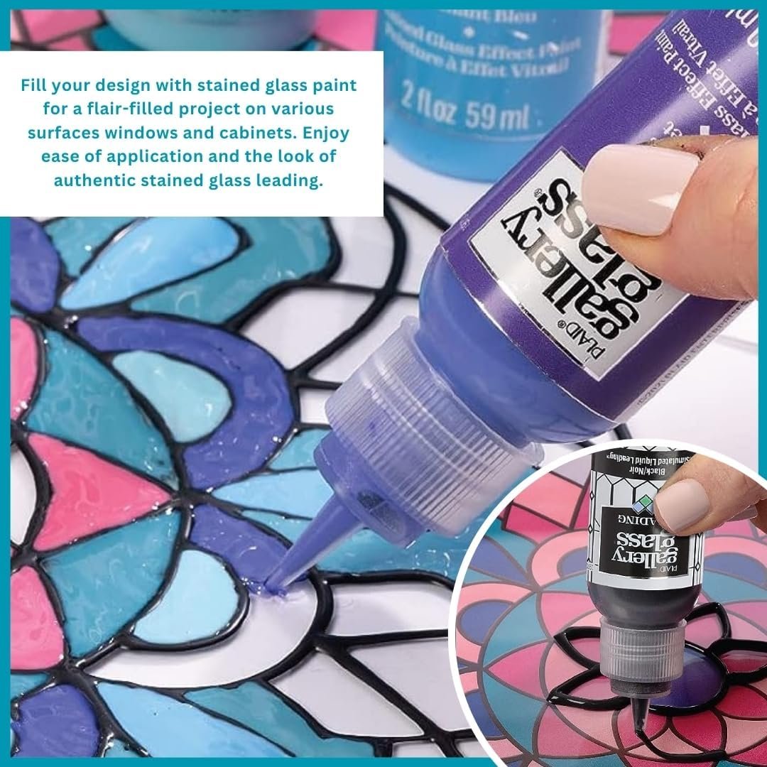 Gallery Glass (2 fl oz Jewel Tones) and 16 Pixiss Stencils for Crafts - Stained Glass Paint and Liquid Leading for Faux Stained Glass Painting with Paint Stencils for Spray Paint, Drawing, etc