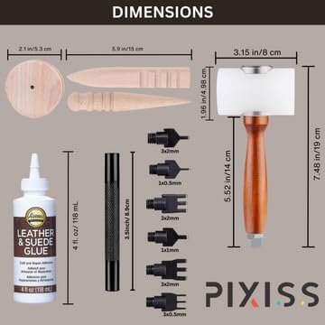 Leather Tools for Leather Working by Pixiss - Leather Hole Punch Tool with 39 bits, Mallet Hammer, Aleene's Leather Glue Adhesive (4 fl oz), and 2x Leather Burnishing Tool - Leather Stamping Tools Kit