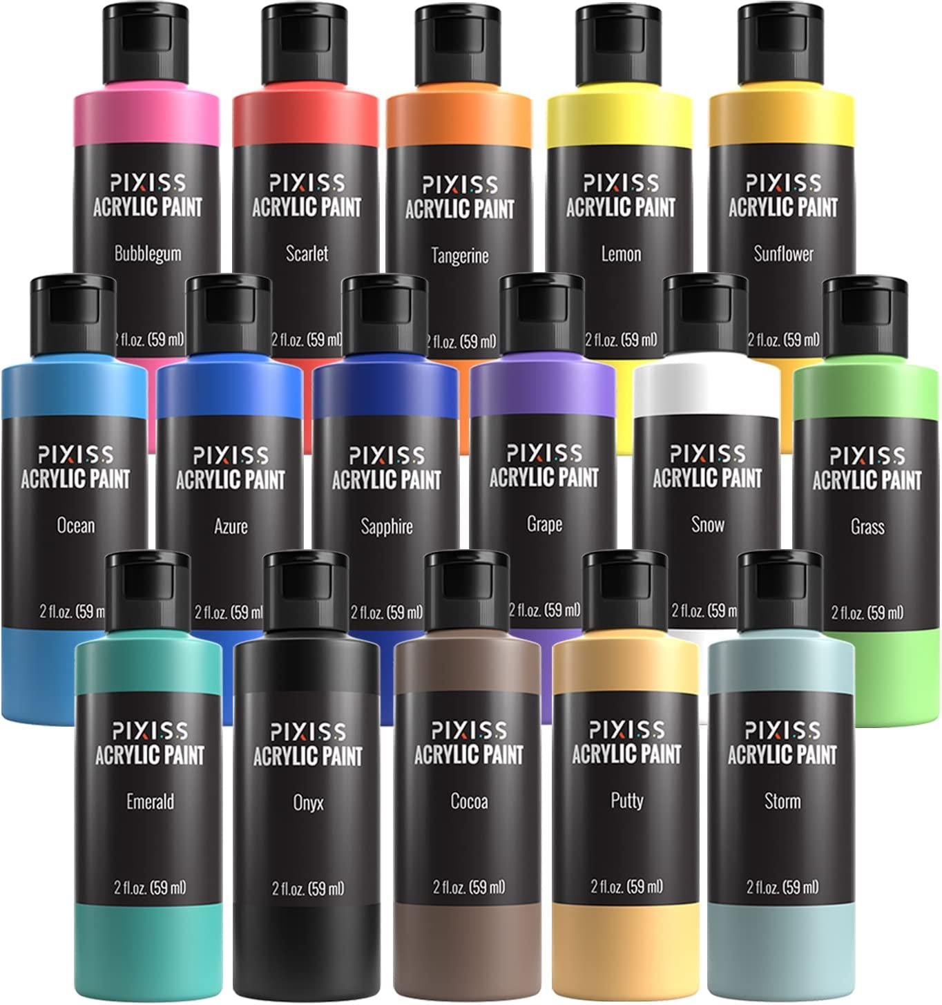 Pixiss Acrylic Paints Set of 16 Vibrant Colors