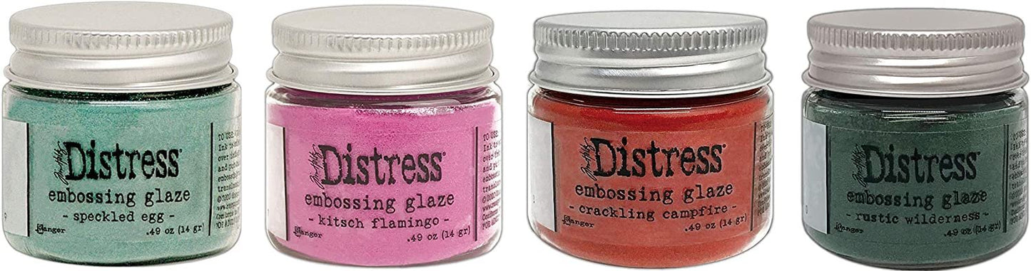 Tim Holtz Distress Embossing Glazes - Speckled Egg, Kitsch Flamingo, Crackling Campfire & Rustic Wilderness - 4 Item Bundle