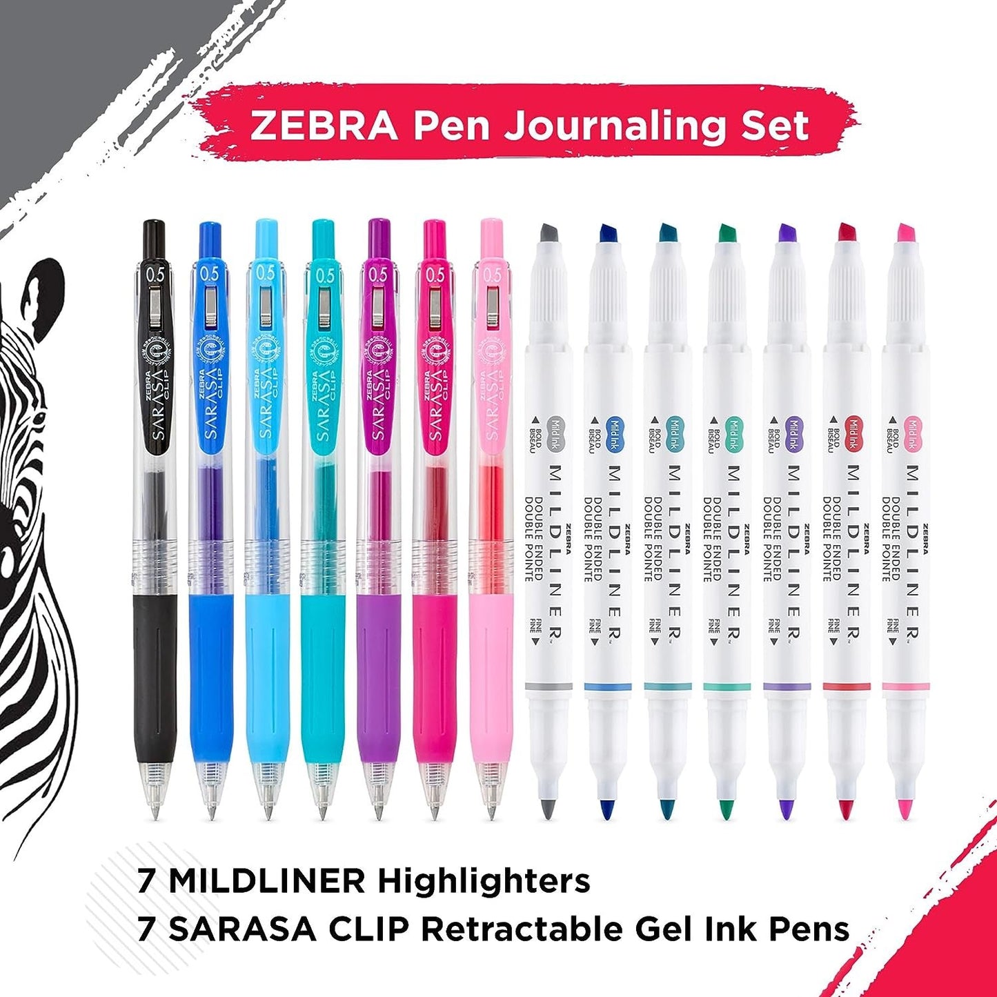 Zebra Pen Journaling Set, IncludesMildliner Highlighters and Sarasa Clip Retractable Gel Ink Pens