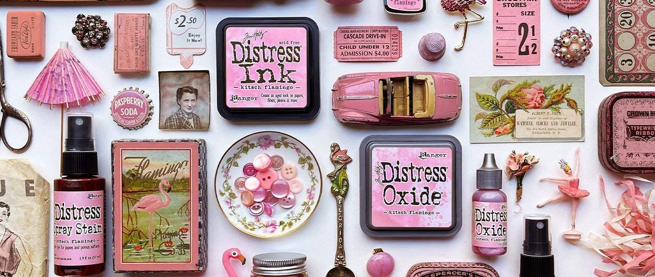 Tim Holtz Distress Kitsch Flamingo February 2021 Release, Distress Ink Pad/Reinker, Oxide Ink Pad/Reinker, Embossing Glaze, Flip Top Paint, Oxide Spray, Spray Stain, Collector Enamel Pin, 9 Items