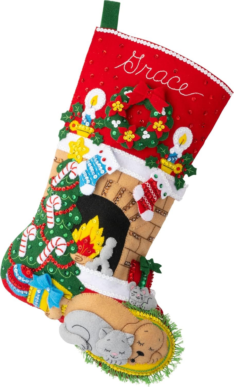 Bucilla Felt Applique 18" Stocking Making Kit, Holiday Hearth, Perfect for DIY Arts and Crafts, 89486E