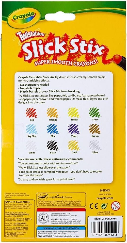 Crayola Twistables Slick Stix Crayons, 12 Count, Oil Pastel Alternative, Ages 3 & Up, Assorted