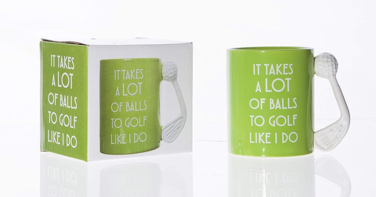Boxer Gifts 'It Takes A Lot Of Balls To Golf Like I Do' Novelty Golf Gift Mug | Green Colour With White Golf Club Handle | Amazing Gift For Him