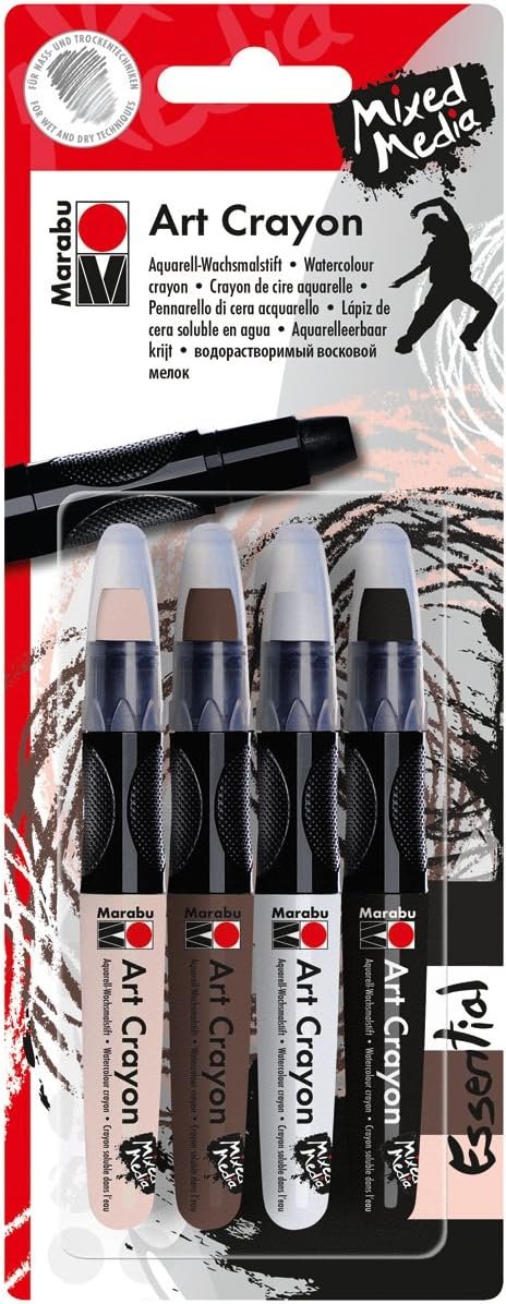 Marabu Creative Art Crayon Set 4/Pkg-Essentials-Flesh, Cocoa, White & Black