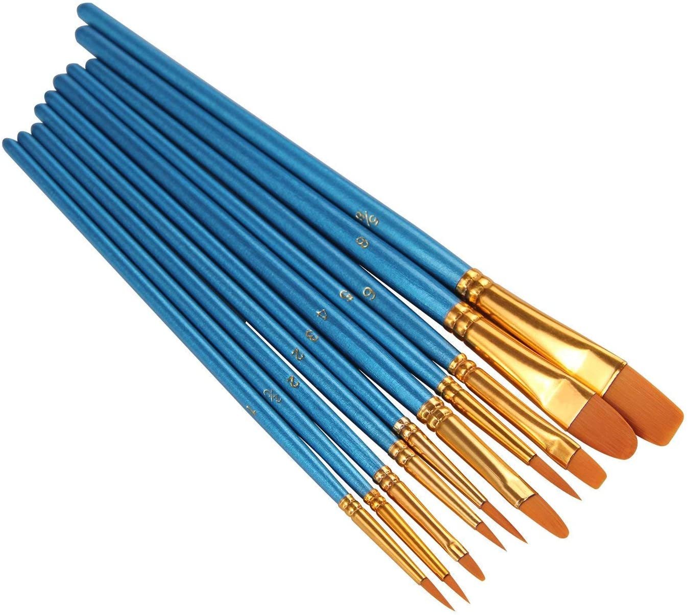 Pixiss Acrylic Paint Brush 10 Piece Set, Nylon Hair Brushes for All Purpose Oil Watercolor Painting Artist Professional Kits