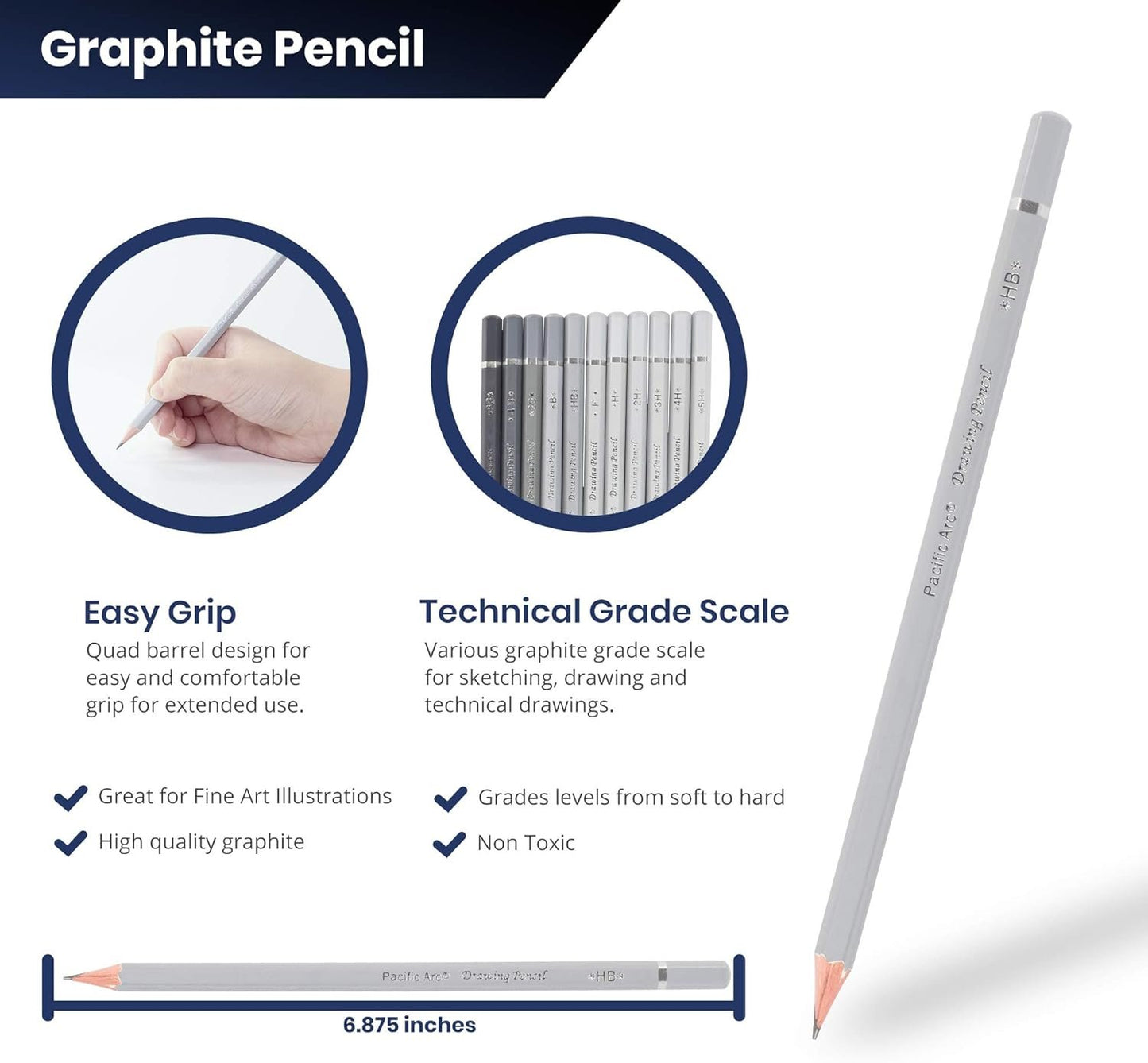 Pacific Arc Premium Graphite Drawing Pencils for Artists, Tech Pack - Professional Pencils for Drawing, Drafting, Sketching and Shading 12 Pk. - Great Non Toxic Art Supplies Set for Adults and Kids