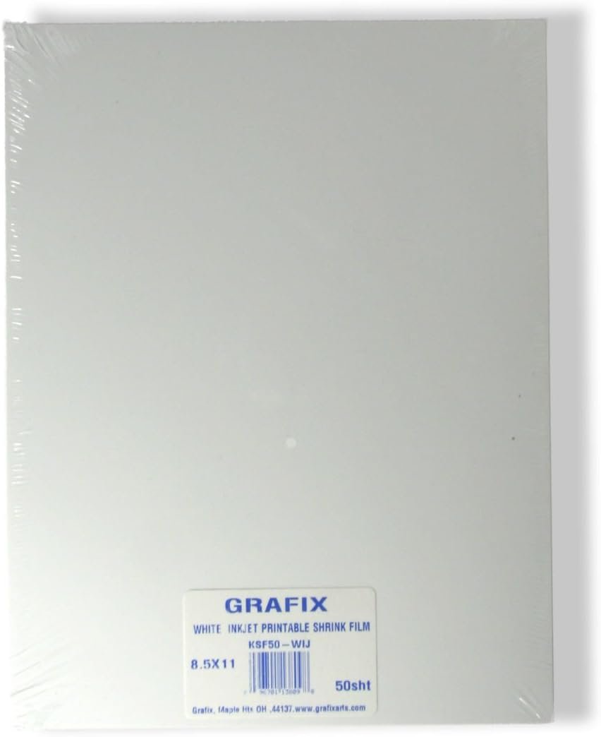 Grafix Ink-Jet Printable Shrink Film – White, 8.5 x 11”, Pack of 50 – Printable Shrink Sheets, Design Your Art, Print, and Shrink It to Create Jewelry, Embellishments, Paper Crafts, Ornaments and More