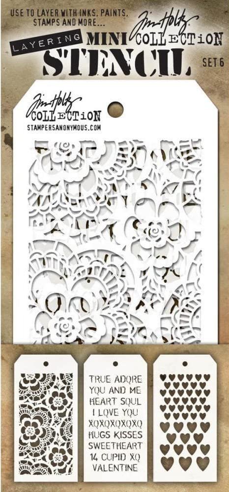 Tim Holtz - Nine Mini Layering Stencils - Latticework, Blossom, Gothic, Cargo, Bubble, Rays, Doily, Valentine and Hearts - aka sets 4, 5 & 6