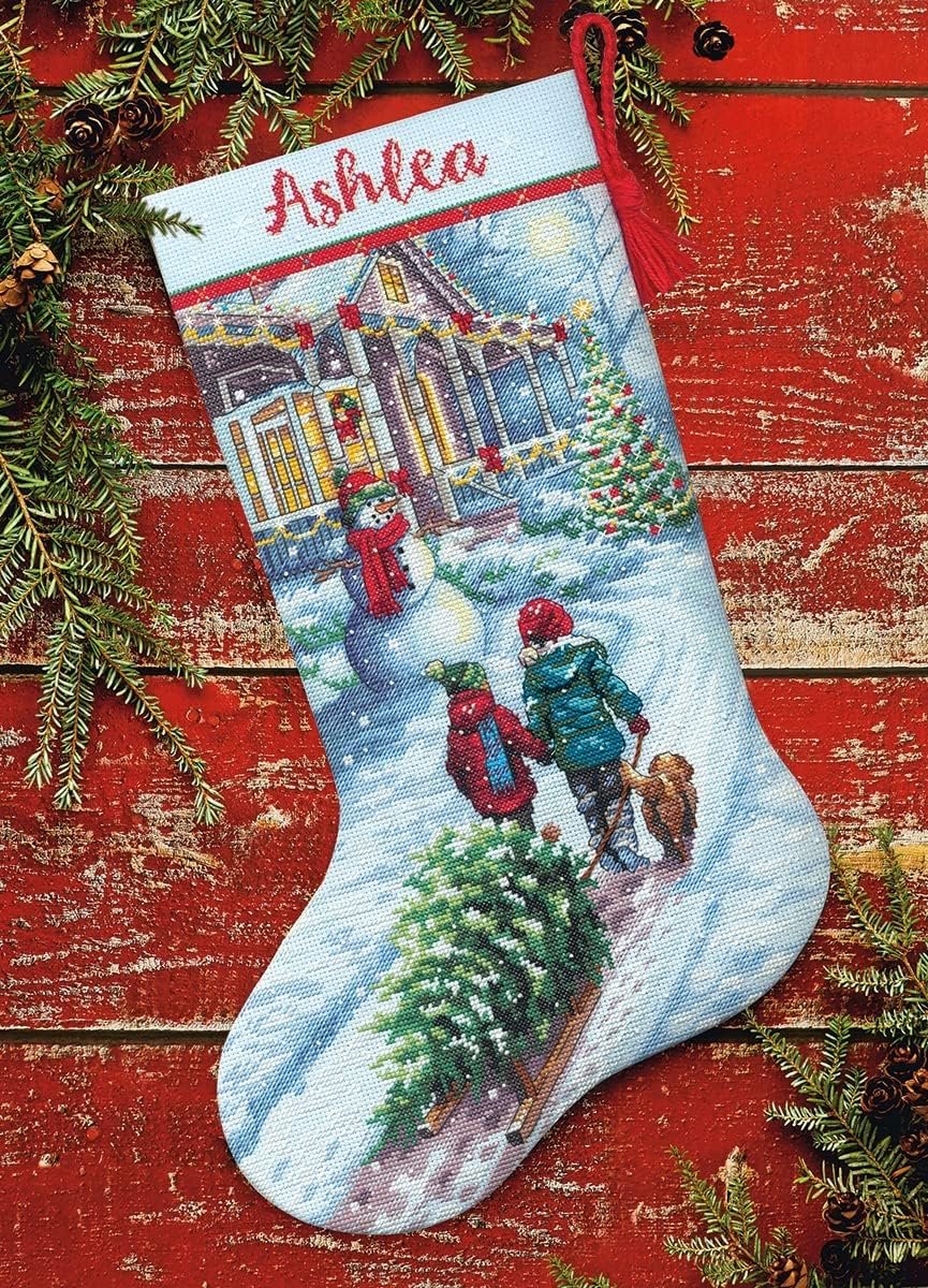 Dimensions 70-08995 Holiday Tradition DIY Personalizable Christmas Cross Stitch Stocking Kit, 16" L, 14 Count Light Blue Aida, Various