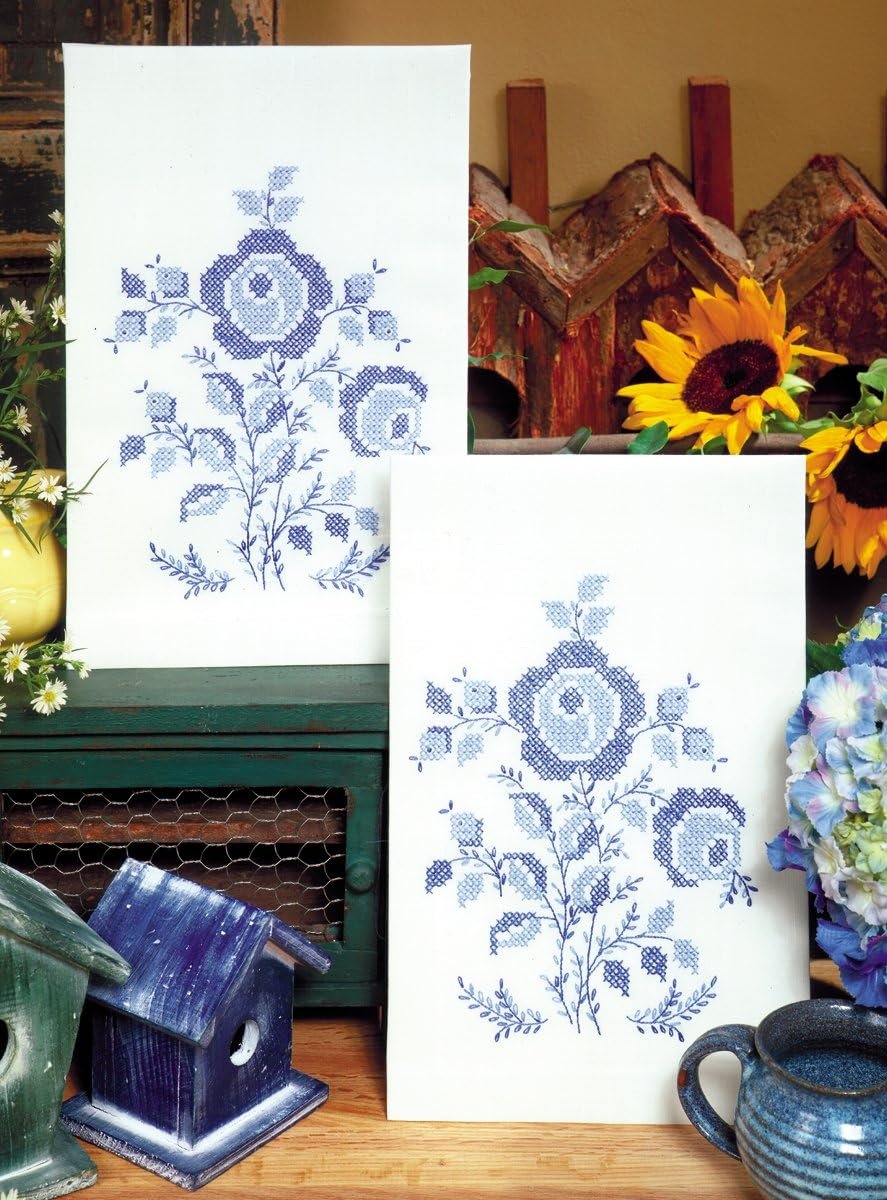 Tobin Blue Rose Stamped for Embroidery Towels 30.00" x 17.00", Small
