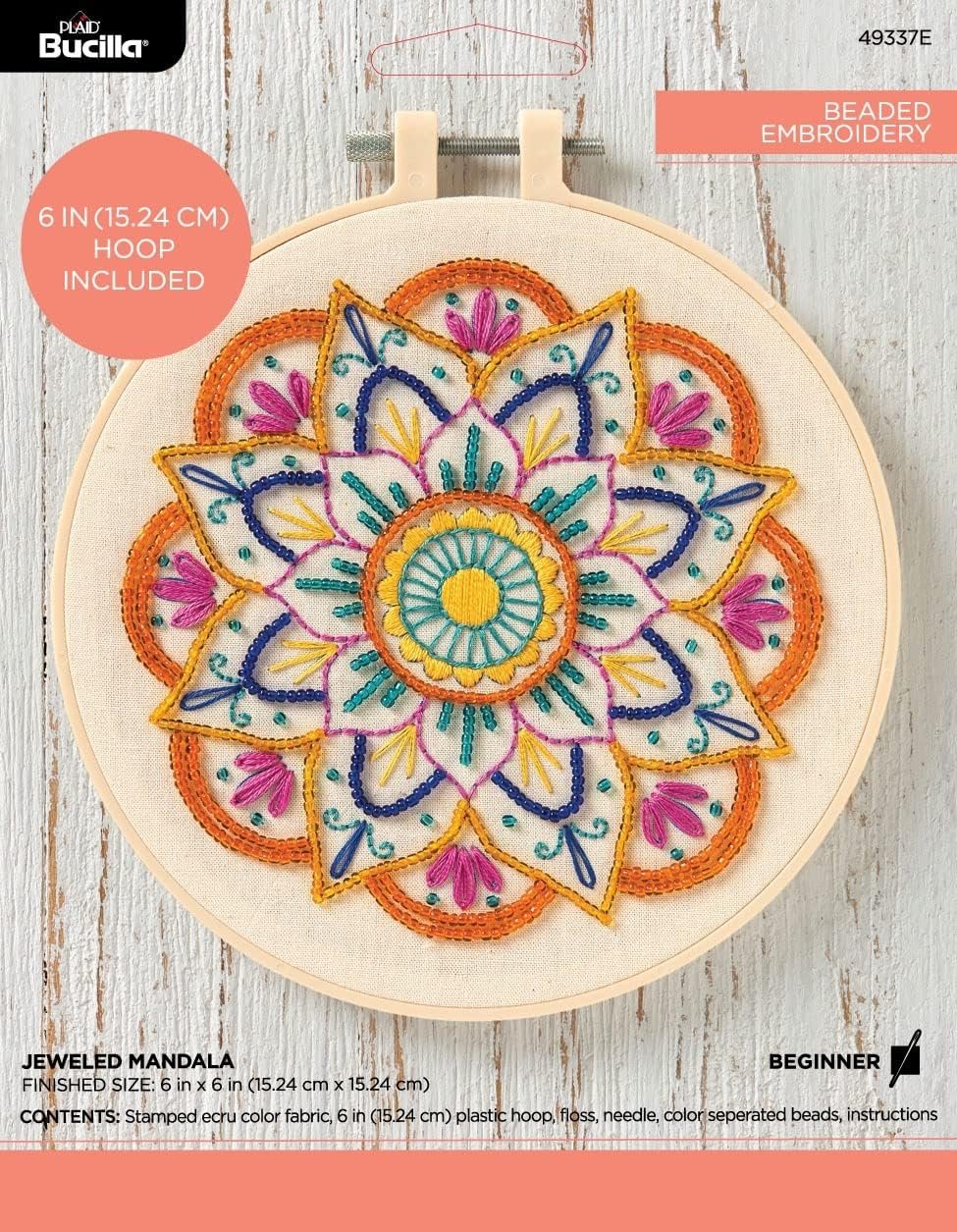 Bucilla, Jeweled Mandala Beaded Kit for DIY Arts and Crafts, Includes Stamped Fabric, 6" Hoop, Embroidery Floss, Needle and Instructions, 49337E