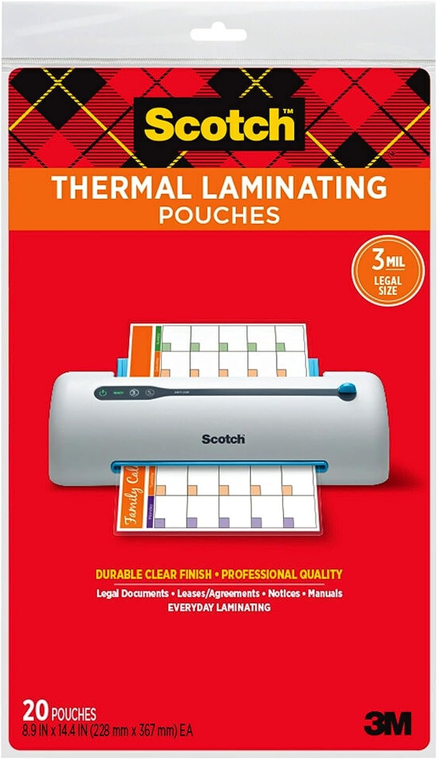 Scotch Brand Thermal Laminating Pouches, 8.9 x 14.4-Inches, Legal Size, 20-Pack (TP3855-20)