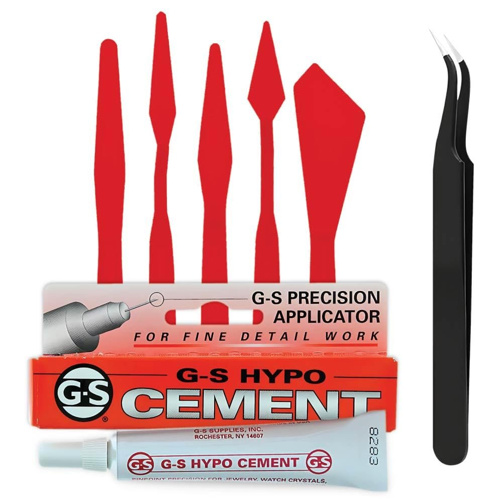 GS Hypo Cement Glue for Jewelry Making (9 ml) - 5 Palette Knives for Adhesive Spreaders and Fine Point Precision Tweezers - Adhesive Bundle for Beads, Bracelets, Watch Repair
