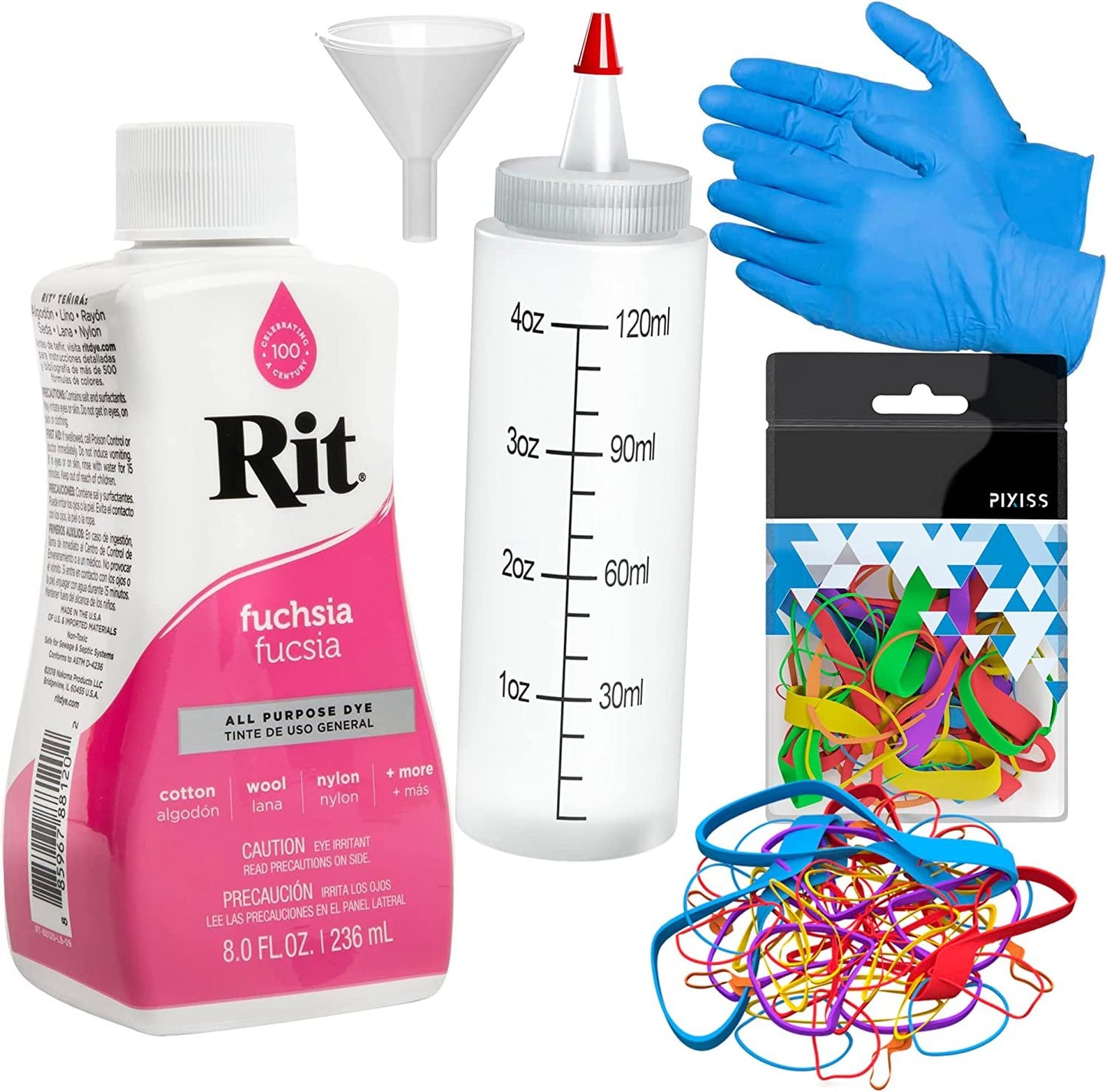 Rit Dye Liquid All-Purpose Dye 8oz, Pixiss Tie Dye Accessories Bundle with Rubber Bands, Gloves and Squeeze Bottle