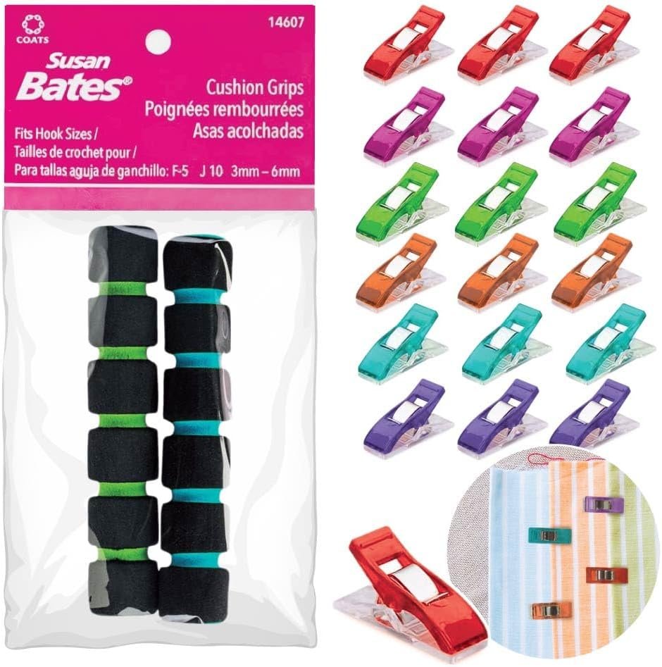 Susan Bates Cushion Crochet Hook Grips and Pixiss Fabric Clips (20) - Soft Ergonomic Crochet Hook Grip Set for Reducing Hand Strain and Crafters or Crochet Artists with Arthritis
