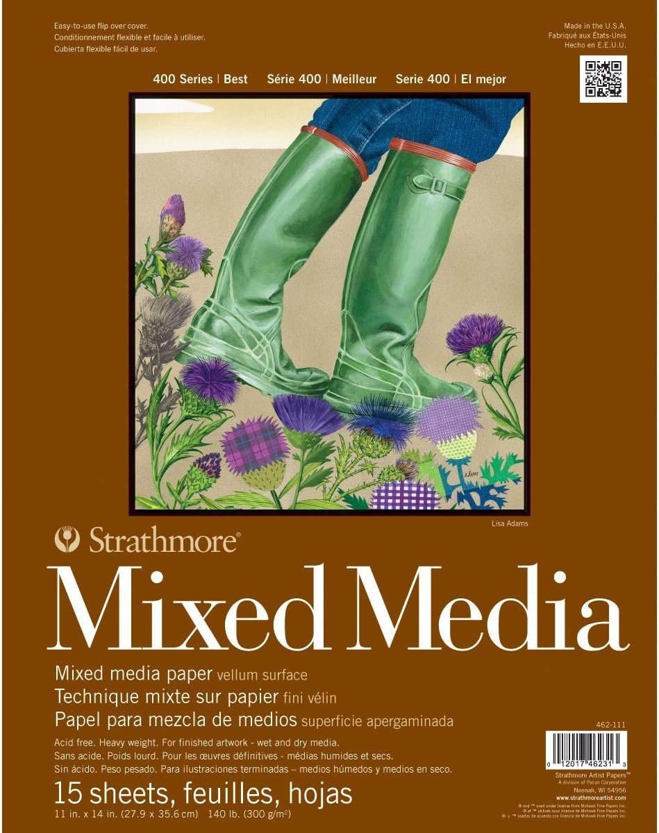 Strathmore 462-111 400 Series Mixed Media Pad, 11"x14" Glue Bound, 15 Sheets , White