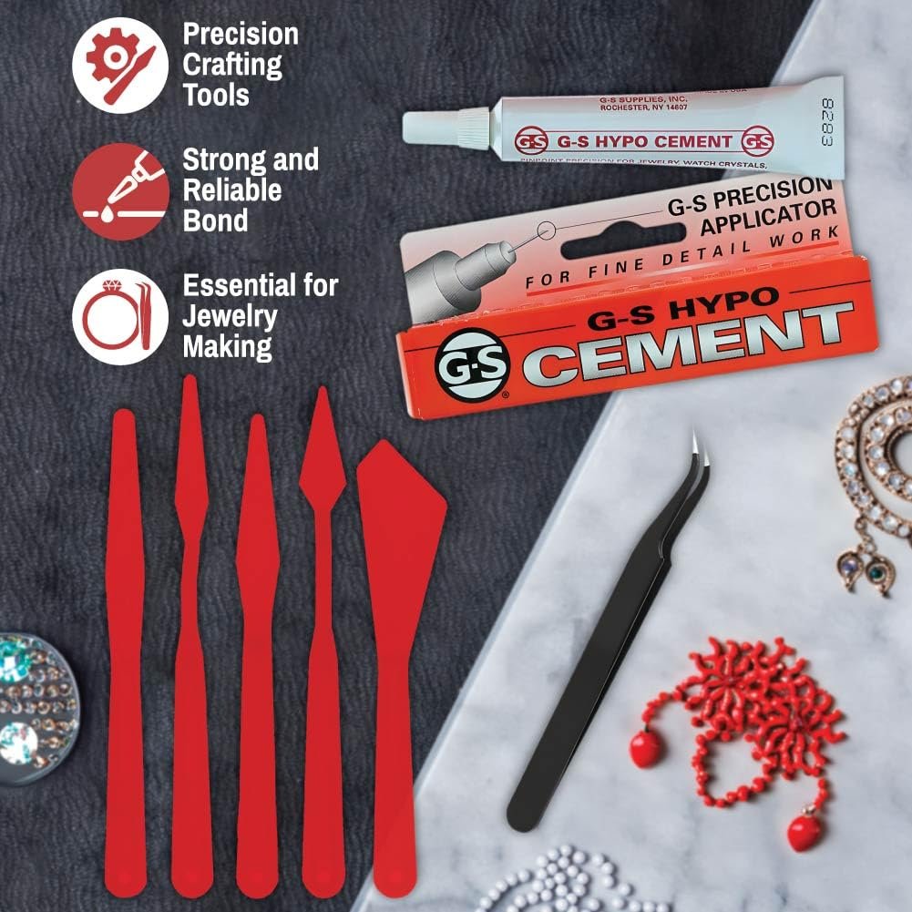 GS Hypo Cement Glue for Jewelry Making (9 ml) - 5 Palette Knives for Adhesive Spreaders and Fine Point Precision Tweezers - Adhesive Bundle for Beads, Bracelets, Watch Repair