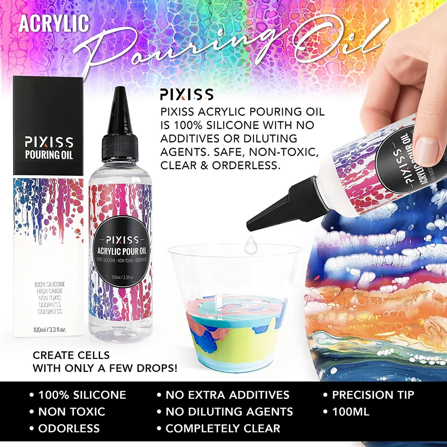 2 Pack - Acrylic Pouring Oil 100% Silicone Oil for Acrylic Pouring and Painting 100 Silicone Oil Liquid Silicone - Silicon - 100ml/3.3-Ounce