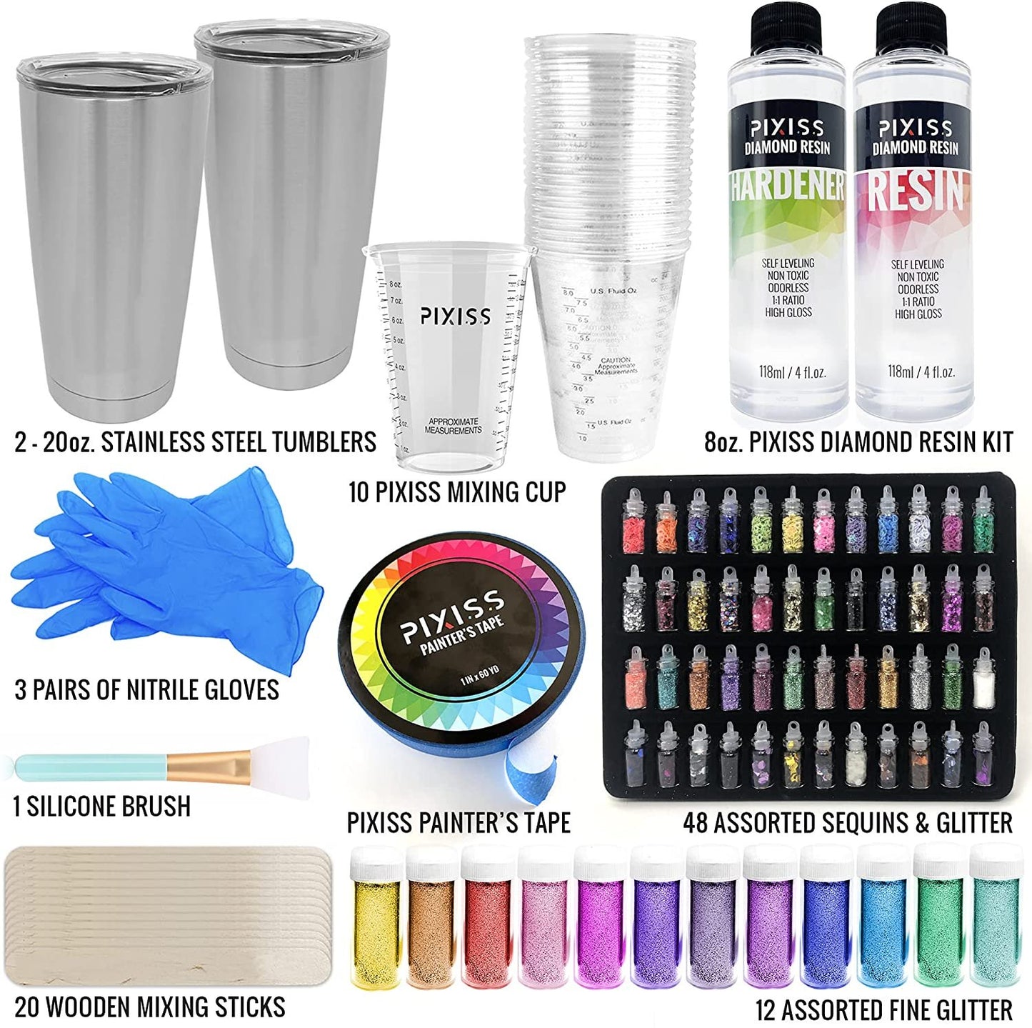 PIXISS Epoxy Resin Tumblers Kit with 2- 20oz. Tumblers, Glitter, Resin, Tape, & Accessories