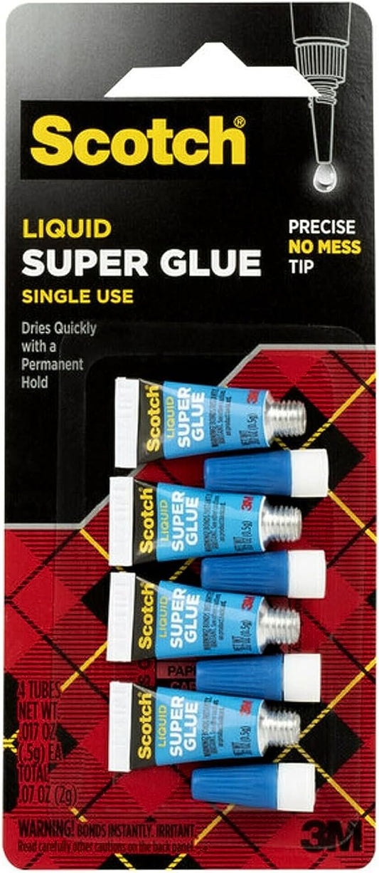 Scotch Super Glue Liquid, 4-Pack of Single-Use Tubes, .017 oz each, Fast Drying Liquid Formula (AD114)