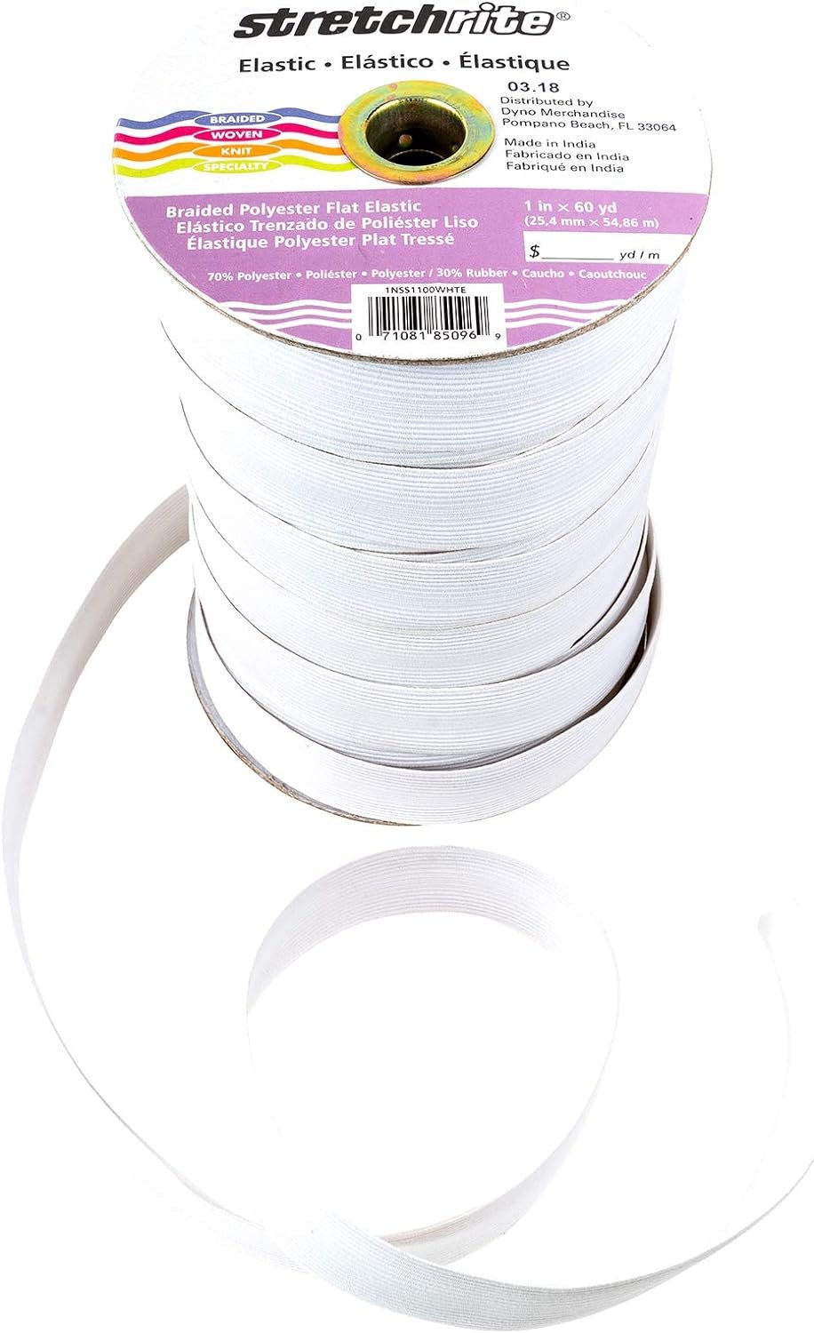 Stretchrite 1NSS1100WHTE Stretchrite 1-Inch by 60-Yard White Braided Flat Polyester Elastic Spool