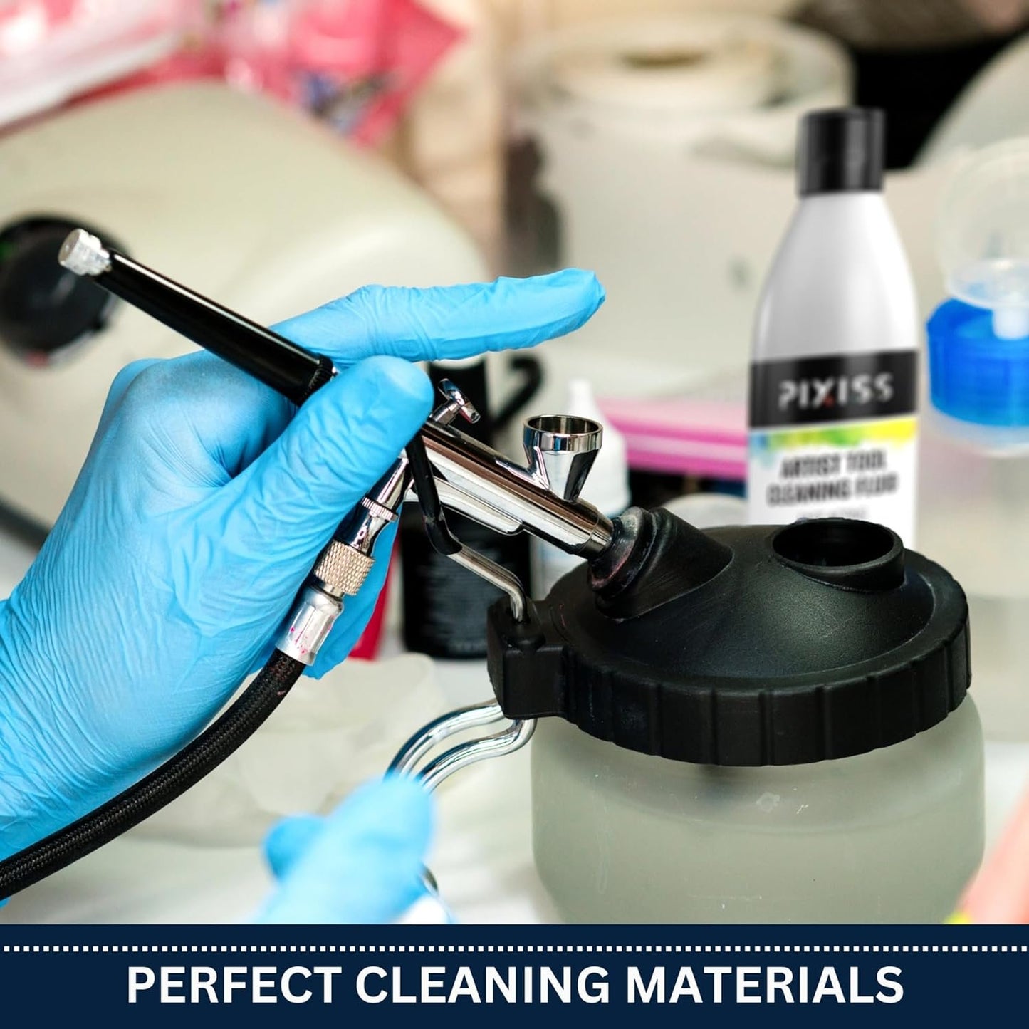 Pixiss Air Brush Painting Set with Airbrush Cleaner Pot and Brush Cleaner Fluid (4 fl oz) - 10 Colors of Acrylic Paint for Airbrush Kit with accessories for Model Paint Kit