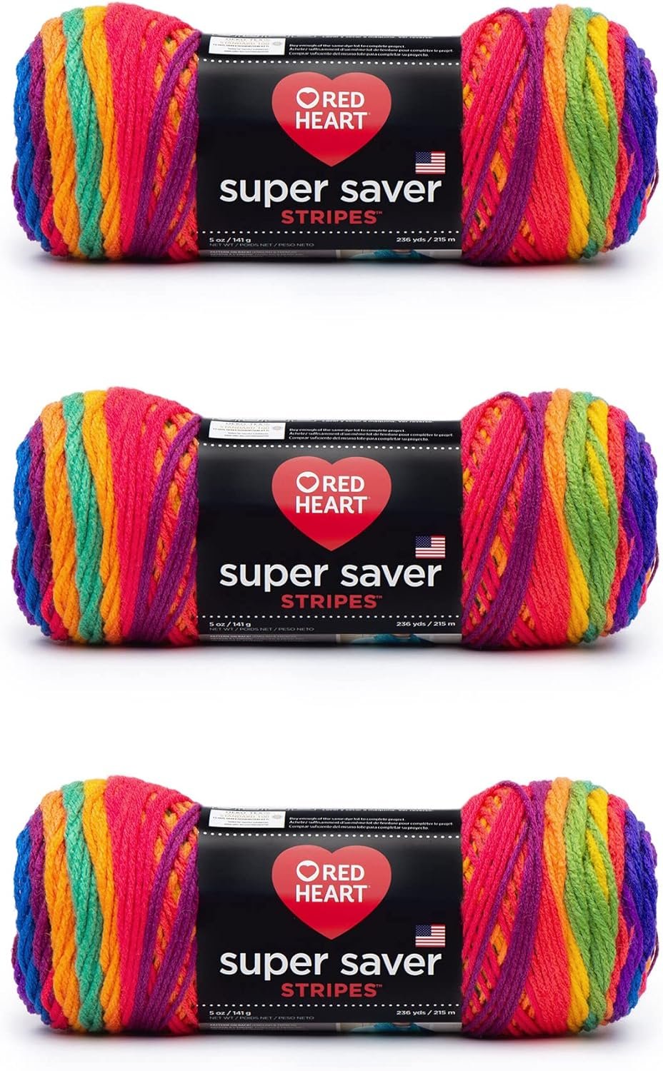 Red Heart Super Saver Yarn, 3 Pack, Favorite Stripe 3 Count