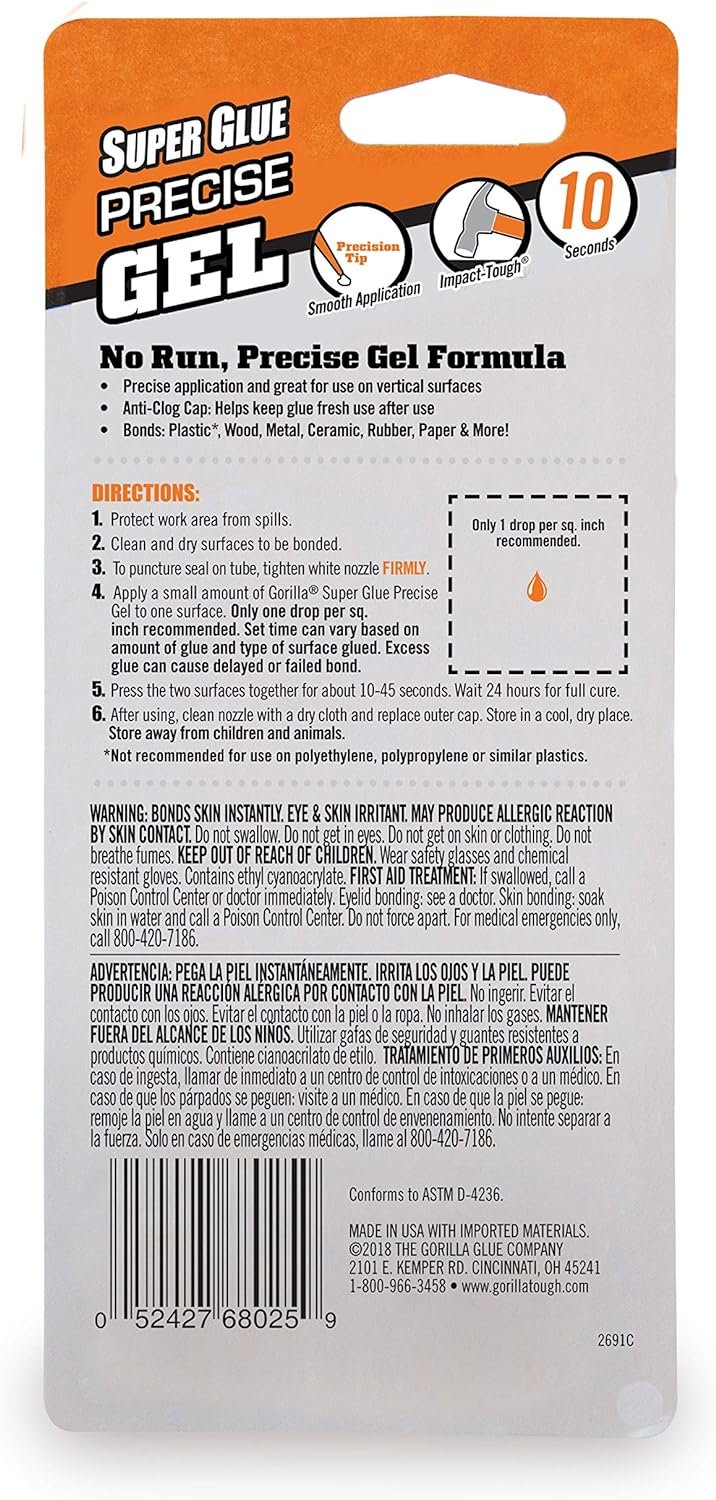 Gorilla Super Glue Precise Gel, 15 Gram, Clear, (Pack of 1)