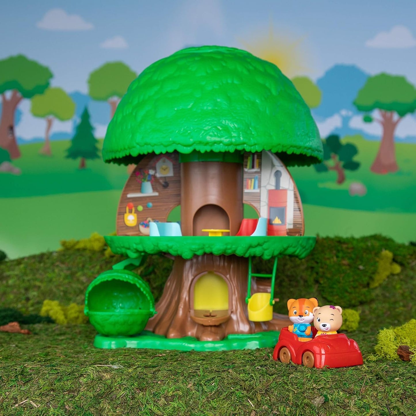 BANDAI V700200 Timber Tots by Klorofil-Magic Tree House with 2 Figures-Eliot from The Fox Ruby from The Bear Family-Early Learning pre-School playset & Activity Toy-Retro Toys-V700200