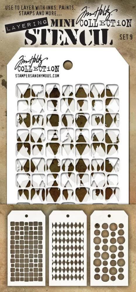 Tim Holtz - Nine Mini Layering Stencils - Numeric, Houndstooth, Rings, Honeycomb, Schoolhouse, Dot Fade, Tiles, Harlequin and Splotches - aka sets 7, 8 & 9