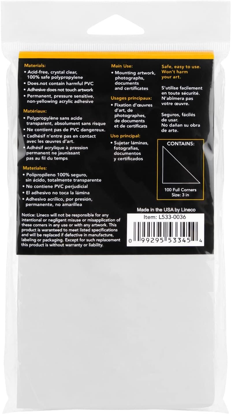 (1) - Lineco Self-Adhesive Polypropylene Mounting Corners - 3" Clear (100/Pkg.)
