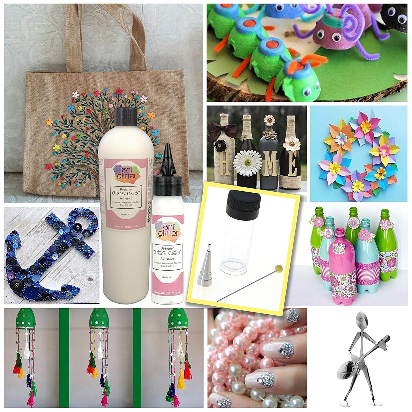 Art Glitter Designer Dries Clear Adhesive Non-Toxic Water-Based 2oz (60ml) and 16oz (480ml) with Metal Tip Precision Application Writing Tool — Arts and Crafts Scrapbooking Supplies Kit