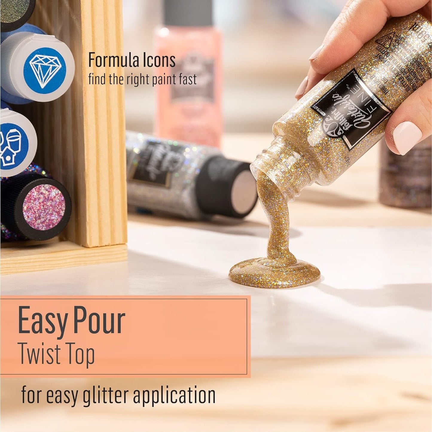 FolkArt Glitterific Fine Assorted Acrylic Craft Paints, Fine Gold 2 fl oz Premium Acrylic Paint With Glitter Finish, Perfect For Easy To Apply DIY Arts And Crafts, 11863