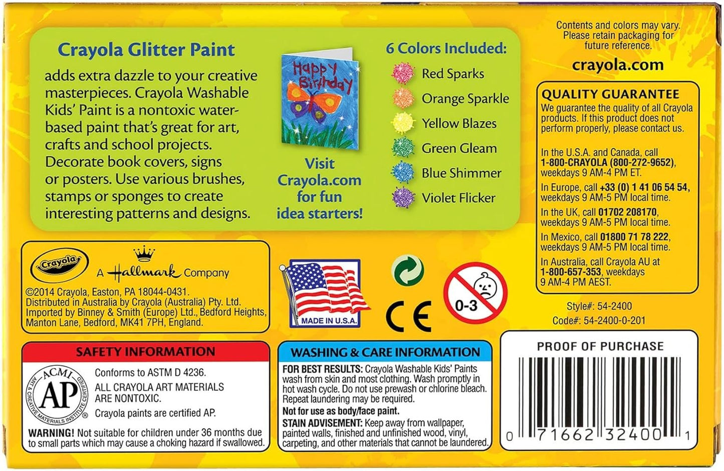 Crayola Washable Glitter Paint Great for Classroom Projects, 6 Count