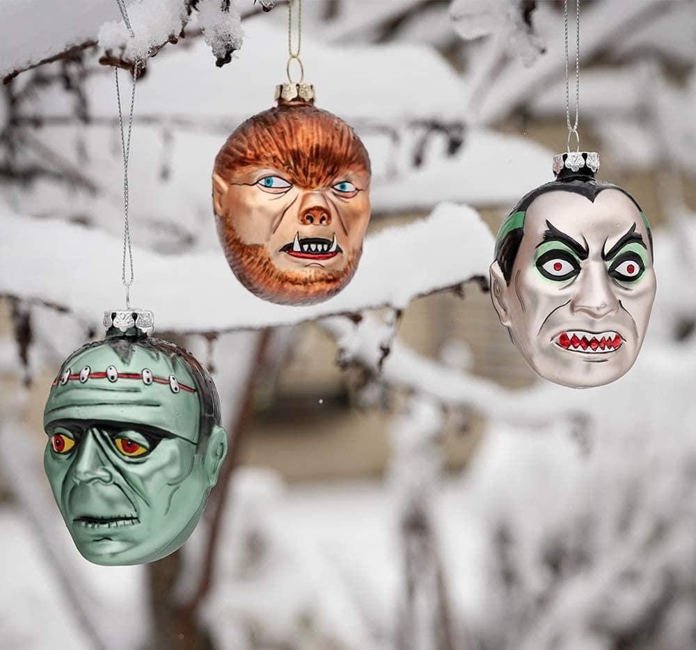 Archie McPhee Set of 3 Monsters Blown Glass Christmas Ornaments! - Dracula, Werewolf Frankenstein, Skeleton Color