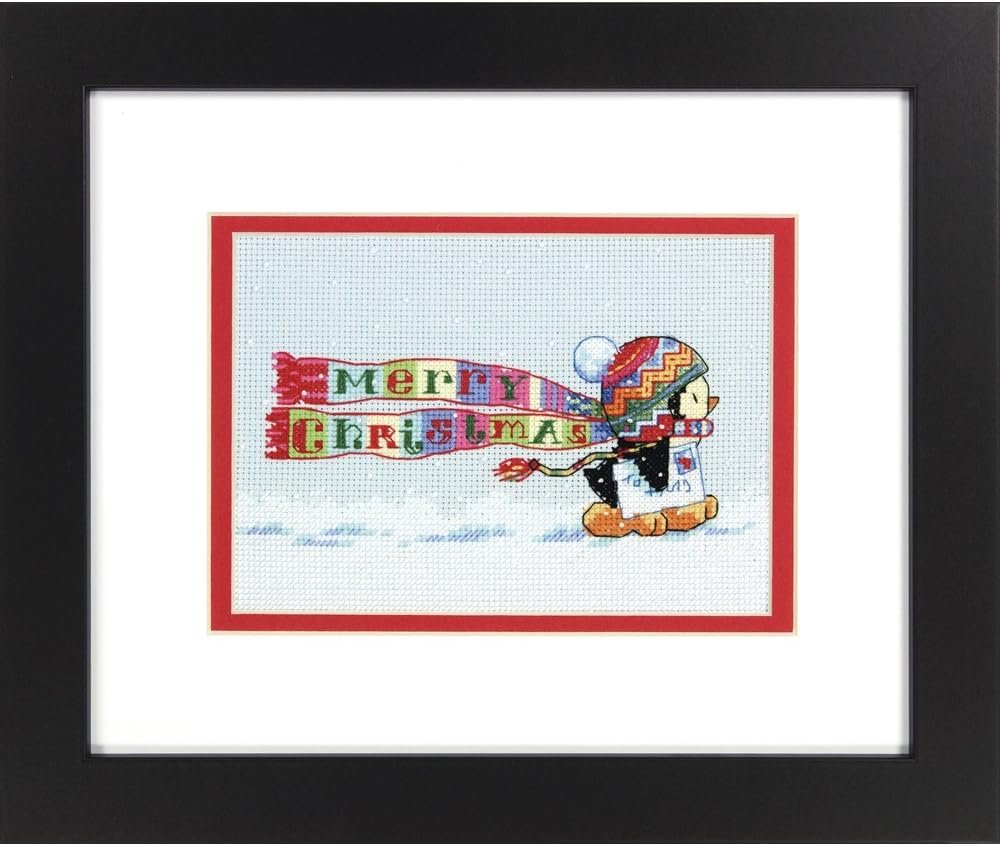 Dimensions Counted Cross Stitch Christmas Penguin Kit, 14 Count Light Blue Aida, 7''x 5''